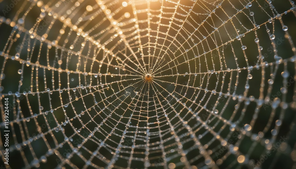 Fototapeta premium A detailed close-up of dewdrops on a spiderweb in the early morning light.