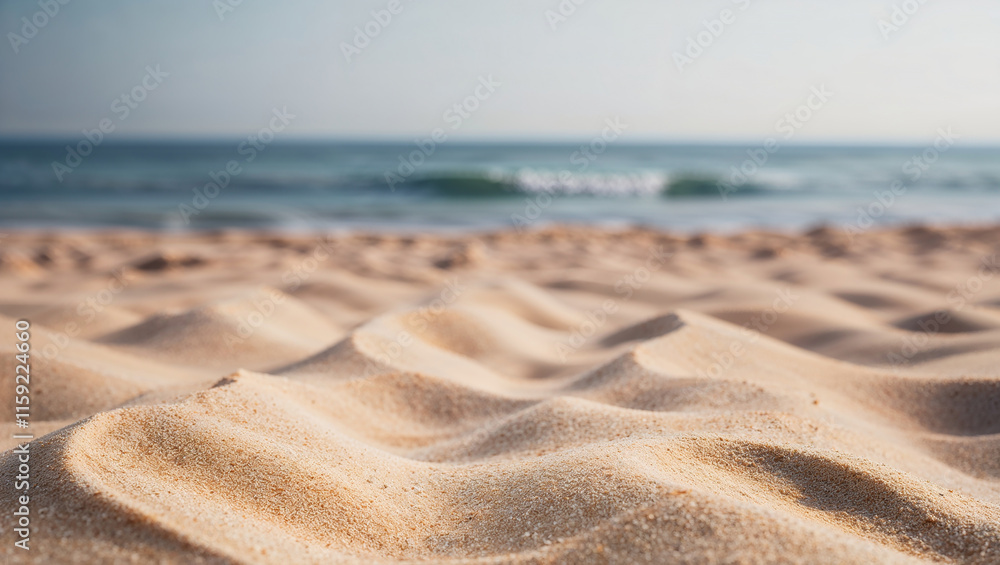 Close up of beach sand with ocean waves in background creating relaxing summer atmosphere Close up of beach sand with ocean waves in background creating relaxing summer atmosphere
