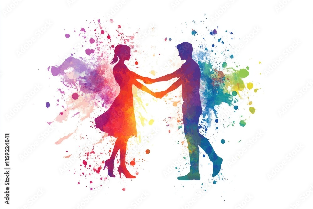 A pair of lovers embracing, standing in front of a vibrant painted backdrop A pair of lovers embracing, standing in front of a vibrant painted backdrop