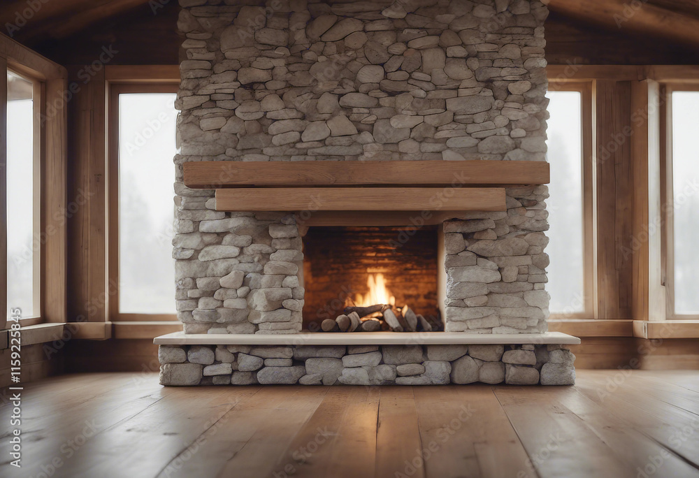 Front view of a natural stone wall in a house with the fireplace in front wooden beams and floors Front view of a natural stone wall in a house with the fireplace in front wooden beams and floors
