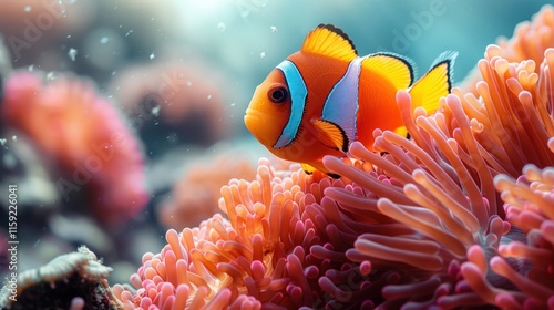 Clown anemonefish (Amphiprion percula) in the sea anemone photo