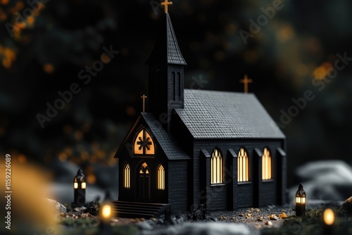 A small black church with a cross on its roof, suitable for various occasions and themes photo