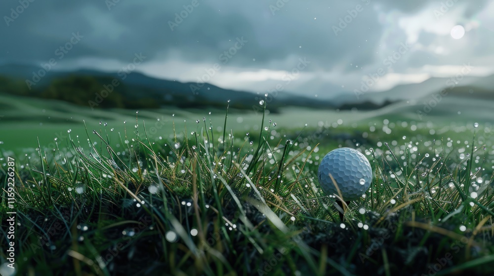A dramatic shot of a golf ball on tee, ready for a powerful drive down the fairway, A dramatic shot of a golf ball on tee, ready for a powerful drive down the fairway,
