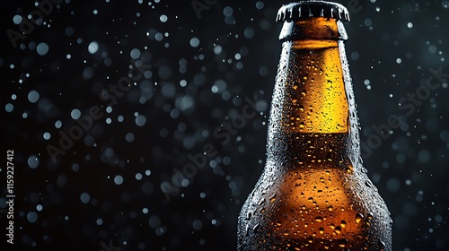 11. A close-up of a chilled beer bottle with water droplets against a dark black background