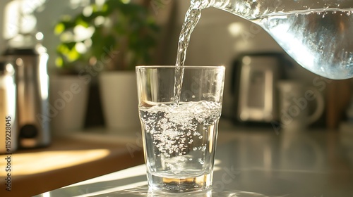 6. A transparent drinking glass being filled with water from a pouring jug in a bright kitchen