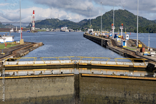 Panama canal locks, third lock from pacific looking east toward Miraflores Lake, daytime. photo