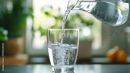 6. A transparent drinking glass being filled with water from a pouring jug in a bright kitchen