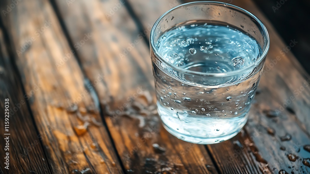 2. Close-up of an empty drinking glass with water droplets on the surface, sitting on a clean wooden table 2. Close-up of an empty drinking glass with water droplets on the surface, sitting on a clean wooden table