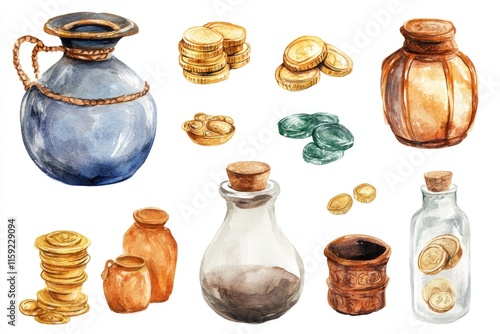 A collection of colorful bottles and scattered coins on a white background photo