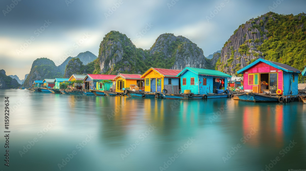 Naklejka premium Vibrant floating houses on calm water, surrounded by stunning mountains