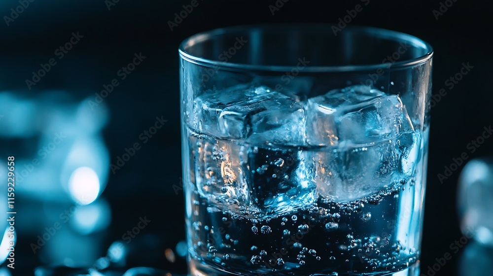 12. Close-up of a drinking glass with water and ice cubes reflecting light on a dark surface 12. Close-up of a drinking glass with water and ice cubes reflecting light on a dark surface