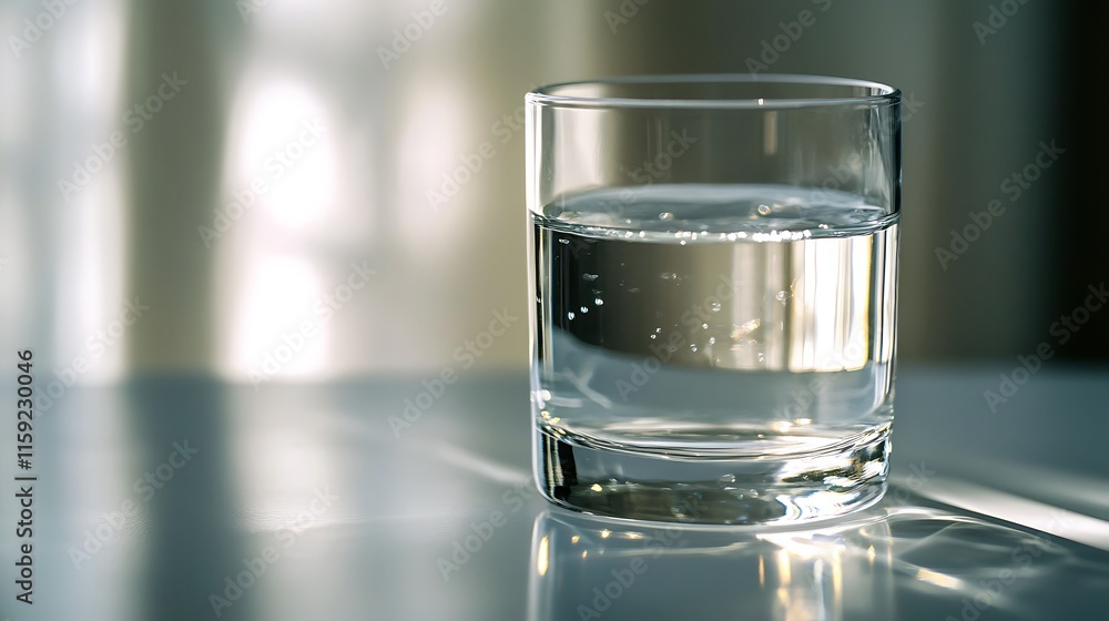 1. A crystal-clear drinking glass filled with water, placed on a reflective surface with soft natural light streaming in 1. A crystal-clear drinking glass filled with water, placed on a reflective surface with soft natural light streaming in