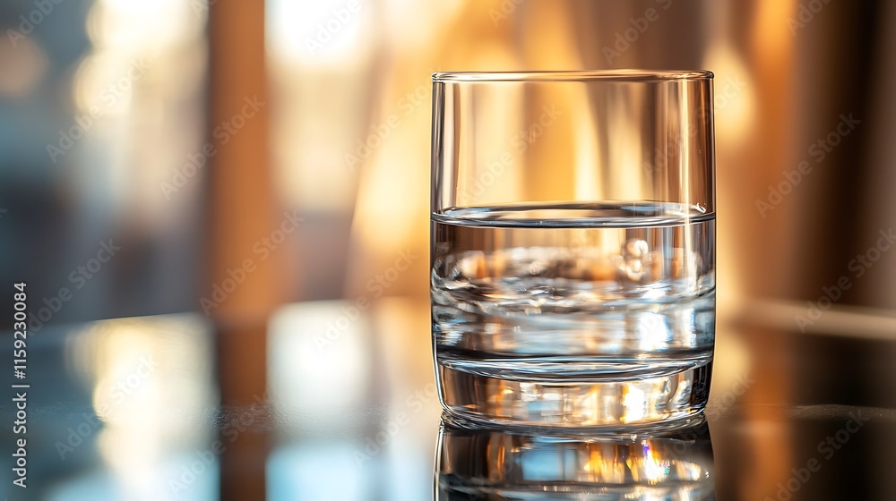 1. A crystal-clear drinking glass filled with water, placed on a reflective surface with soft natural light streaming in 1. A crystal-clear drinking glass filled with water, placed on a reflective surface with soft natural light streaming in