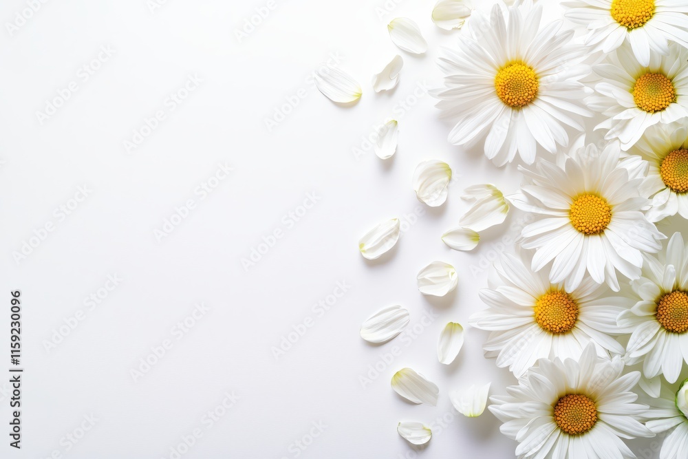 Fototapeta premium Fresh White Daisies with Petals on Soft White Background for Floral Design