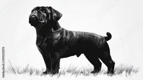 Black dog standing in grass, monochrome illustration. photo