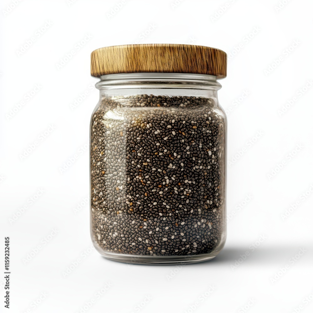 A single jar of nutrient-rich chia seeds, health-conscious ingredient setup, soft lighting, isolated on white background