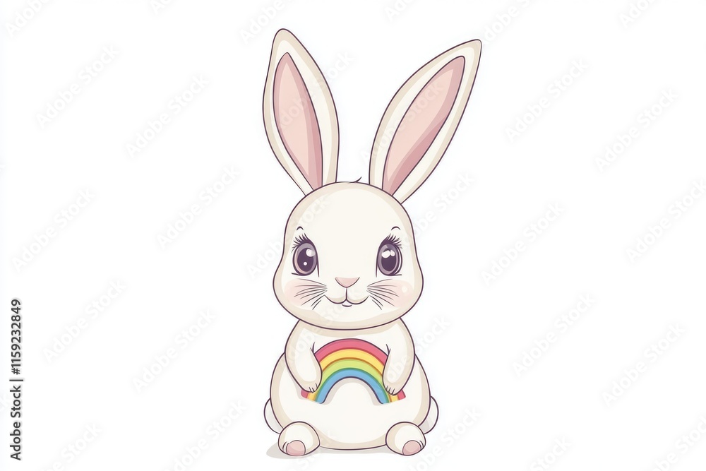 A whimsical illustration of a white rabbit holding a colorful rainbow in its paws, perfect for children's stories or illustrations A whimsical illustration of a white rabbit holding a colorful rainbow in its paws, perfect for children's stories or illustrations