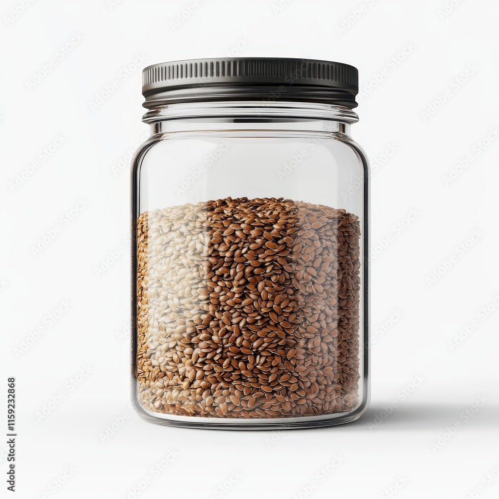 A stylish jar of organic flaxseeds, modern superfood display, neutral minimalism, isolated on white background A stylish jar of organic flaxseeds, modern superfood display, neutral minimalism, isolated on white background