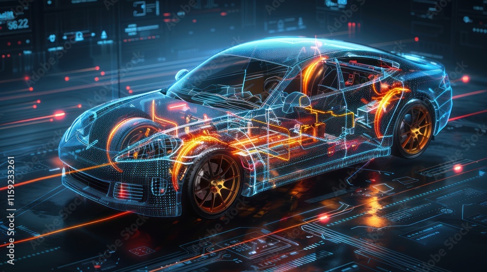 A high-tech electrical car parts overview, featuring advanced charging systems, A high-tech electrical car parts overview, featuring advanced charging systems,