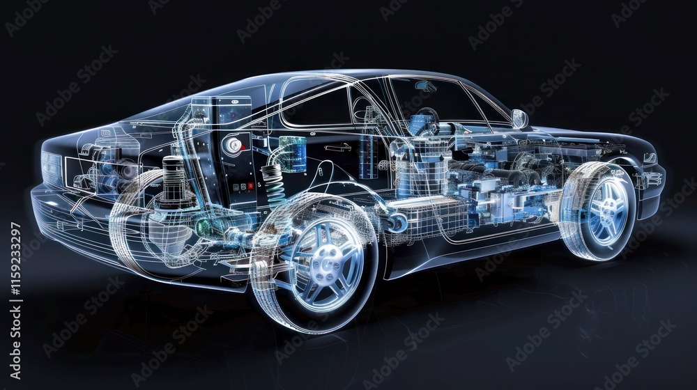 A high-tech electrical car parts overview, featuring advanced charging systems, A high-tech electrical car parts overview, featuring advanced charging systems,