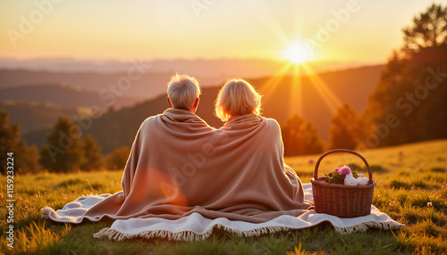 Retired people traveling Senior couple enjoying sunset picnic with blanket on hillside