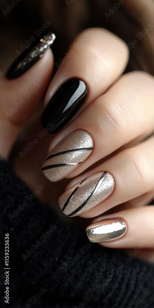 Elegant manicure with black, silver, and beige nails featuring geometric designs. Elegant manicure with black, silver, and beige nails featuring geometric designs.