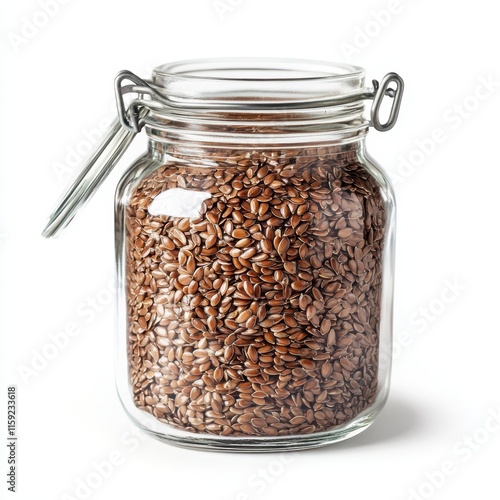 Flaxseeds in a glass jar, chic vegan ingredient storage idea, simple design, isolated on white background photo