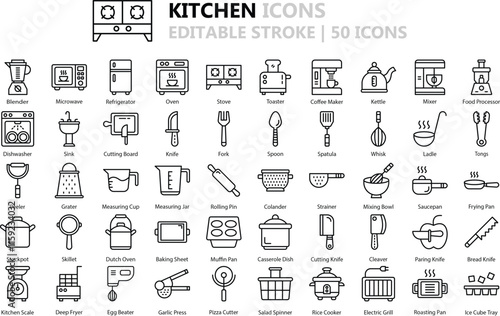 Kitchen Icon Set: 50 Functional Outline Vector Icons in Black