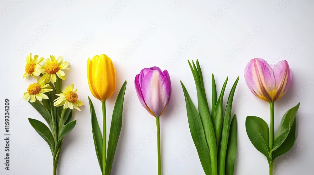 Fototapeta premium Colorful Spring Flowers in Bloom on White Background for Fresh and Bright Design