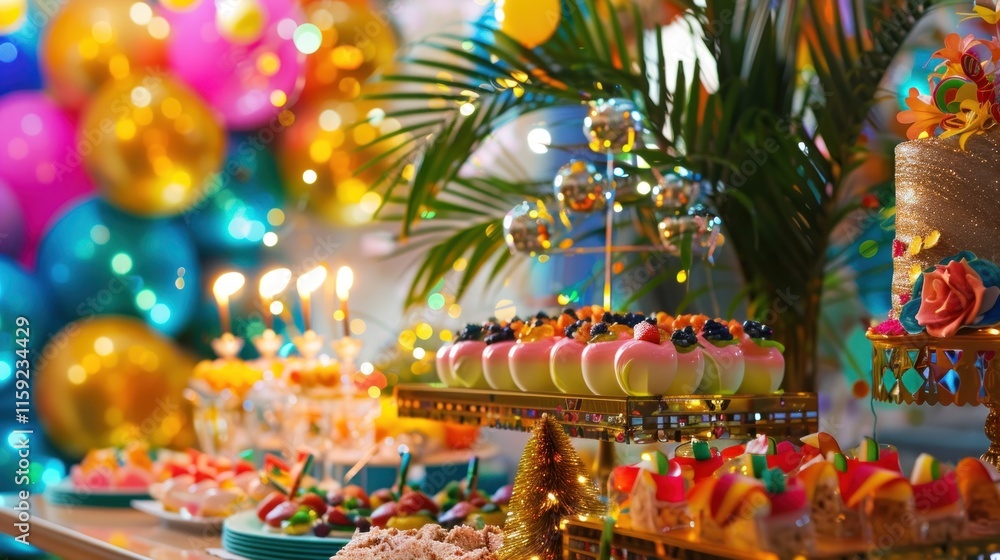A joyful New Year party props setup, with vibrant decorations and a playful ambiance, A joyful New Year party props setup, with vibrant decorations and a playful ambiance,