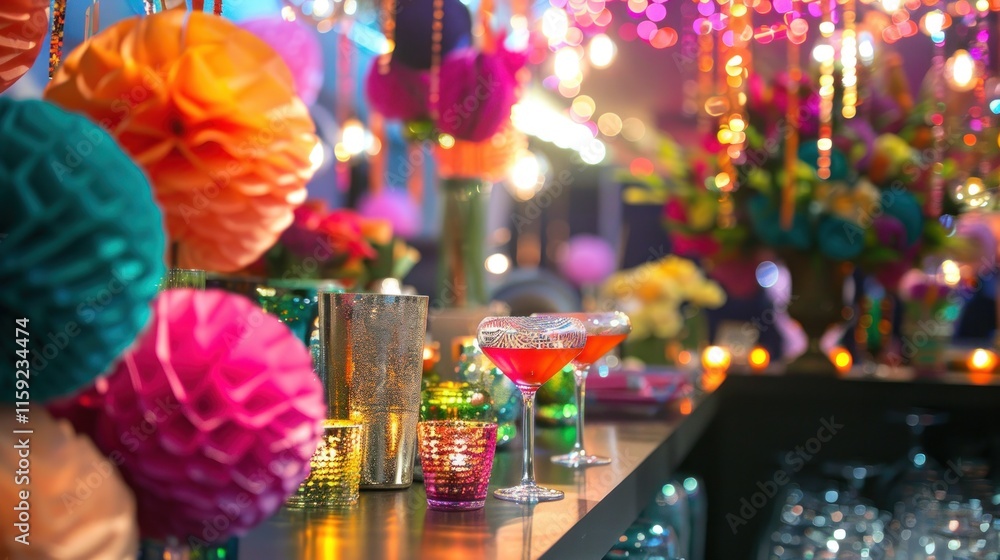 A joyful New Year party props setup, with vibrant decorations and a playful ambiance, A joyful New Year party props setup, with vibrant decorations and a playful ambiance,