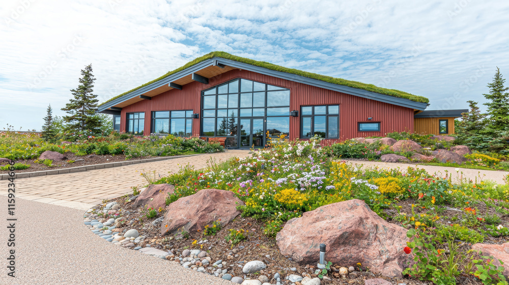 modern building with green roof surrounded by colorful flowers and rocks modern building with green roof surrounded by colorful flowers and rocks