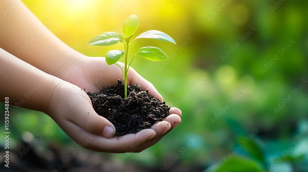 5. A child’s hands holding a tiny tree sapling with soil, with a soft, sunny garden background 5. A child’s hands holding a tiny tree sapling with soil, with a soft, sunny garden background