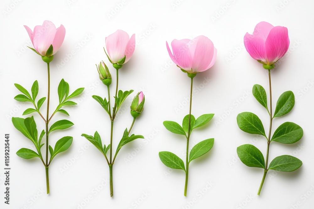 Delicate Pink Flowers and Green Leaves on White Background for Nature Aesthetic Delicate Pink Flowers and Green Leaves on White Background for Nature Aesthetic