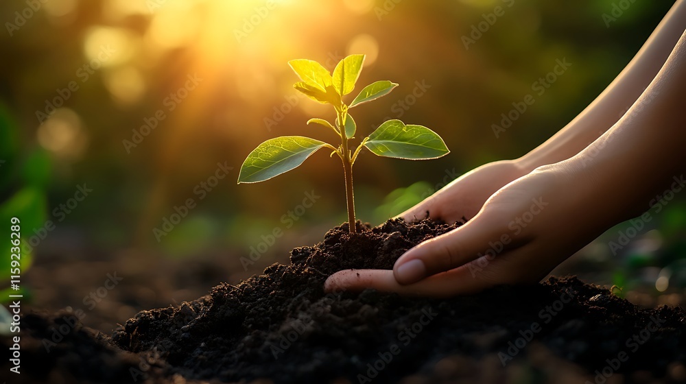 Fototapeta premium 13. Close-up shot of hands supporting a tiny tree sapling growing in rich, dark soil with soft light