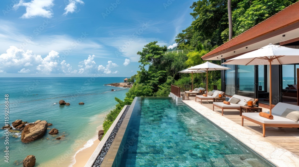 Obraz premium A luxurious beach resort, featuring private cabanas and infinity pools overlooking the sea,