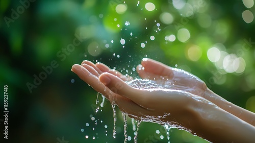 2. A pair of hands holding water with droplets trickling down against a blurred natural background