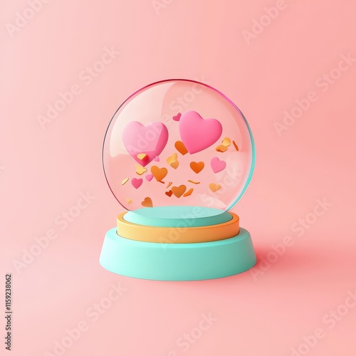 valentine intimacy spark concept. A whimsical snow globe featuring pink hearts and confetti on a pastel background.
