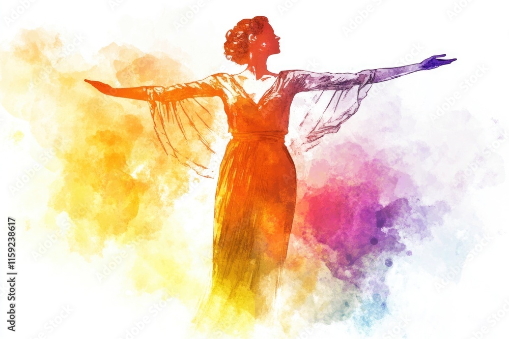 Obraz premium A woman stands with her arms outstretched, wearing a long dress