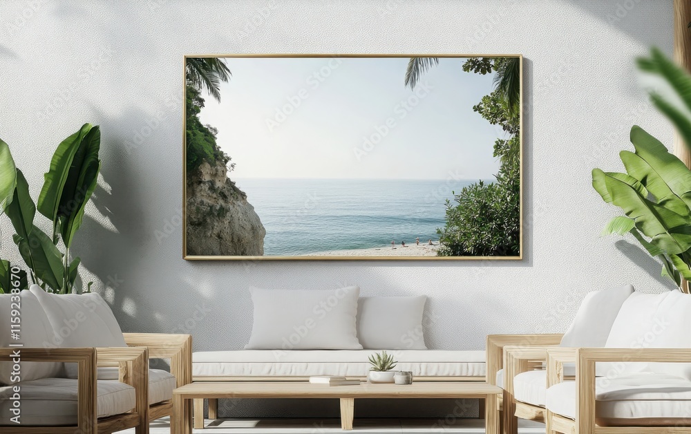 Fototapeta premium White canvas framed in polished brass, displayed with an image of a large outdoor ad for a health and wellness brand, with clean design elements, nature imagery, and motivational messaging