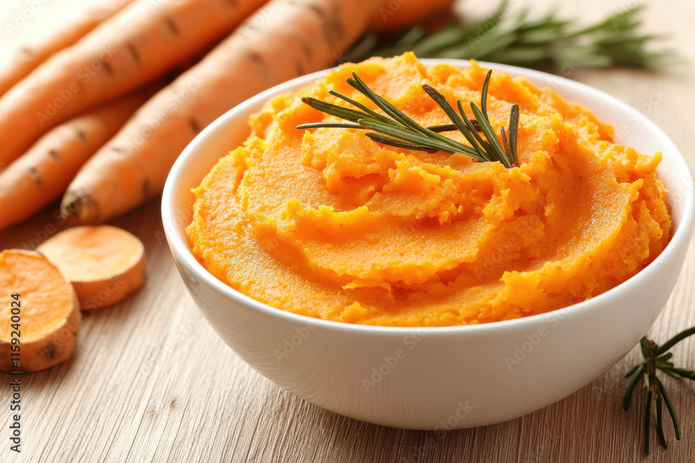 Carrot puree in bowl on kitchen table. Generated AI Carrot puree in bowl on kitchen table. Generated AI