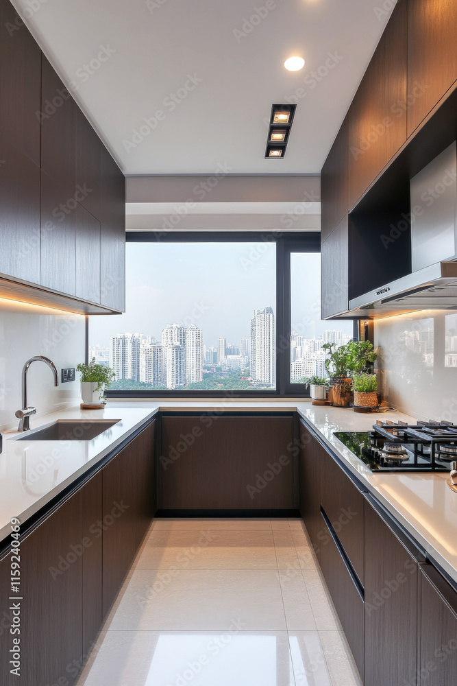 Fototapeta premium A modern, narrow kitchen with dark wood cabinets, white countertops, and a large window overlooking a city skyline. Represents kitchen design, interior design, modern living, and urban apartment.