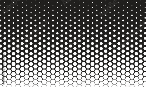 Black and White Pattern: Hexagon Gradient Background. It's composed of a gradient of black hexagonal shapes fading into white, creating a visual depth and texture. 