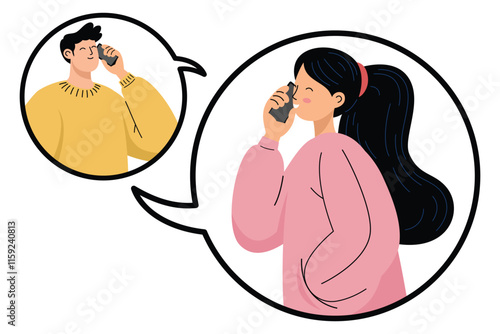 Happy woman chatting on mobile phone, showing man in conversation within thought bubble. Vector Art & Illustration