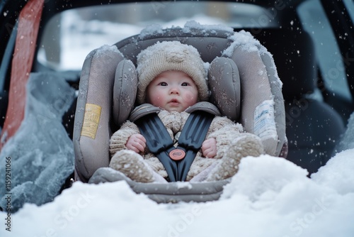 Infant in winter gear, safely secured in car seat amidst snowfall photo