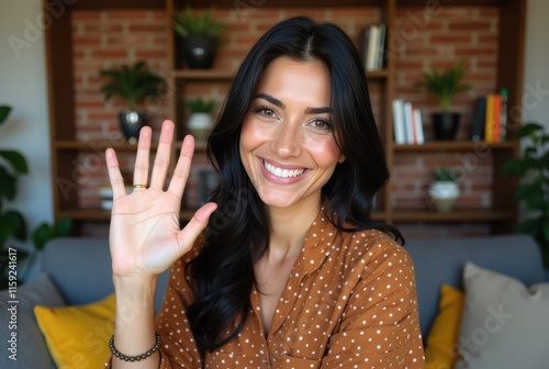 Attractive woman waves at the camera in a warmly lit, cozy setting.