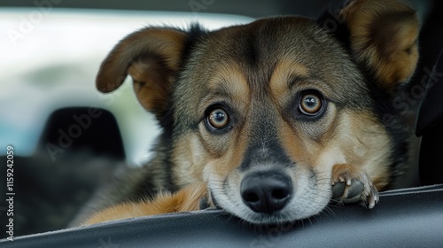 A dog sitting comfortably in the front seat of a car photo