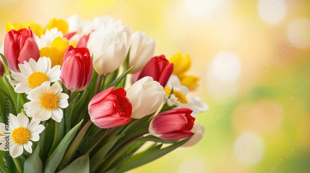 Colorful Tulips and Daisies in a Vibrant Spring Bouquet with Soft Background Colorful Tulips and Daisies in a Vibrant Spring Bouquet with Soft Background