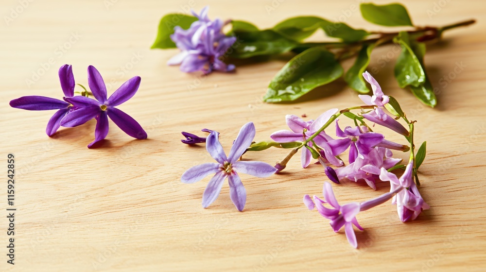Beautiful purple flowers and green leaves arranged on a wooden surface Beautiful purple flowers and green leaves arranged on a wooden surface