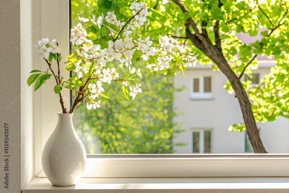 Bright Spring Morning with Flowering Branches in White Vase by Sunny Window Bright Spring Morning with Flowering Branches in White Vase by Sunny Window